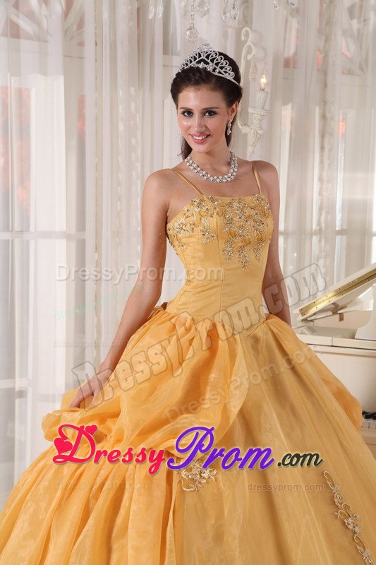 Straps Appliques Pick Ups Taffeta and Organza Gold Quinceanera Dresses