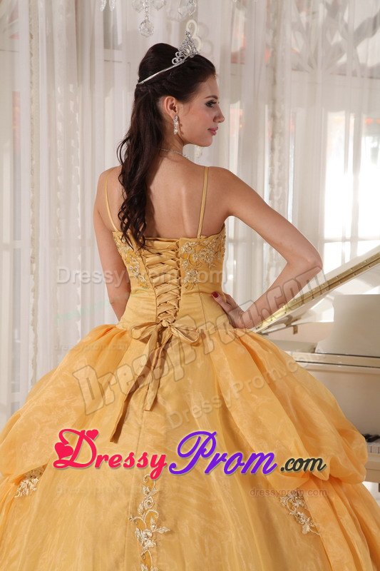 Straps Appliques Pick Ups Taffeta and Organza Gold Quinceanera Dresses
