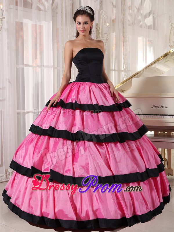 Black and Pink Layers Strapless Floor-length Taffeta Sweet Sixteen Dresses