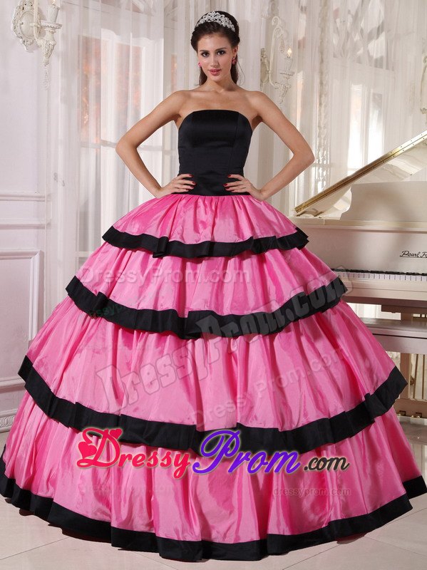 Black and Pink Layers Strapless Floor-length Taffeta Sweet Sixteen Dresses