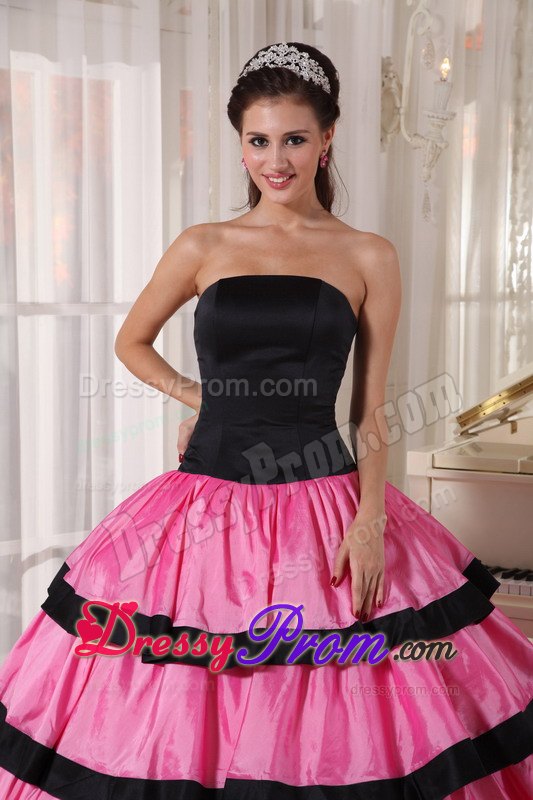Black and Pink Layers Strapless Floor-length Taffeta Sweet Sixteen Dresses