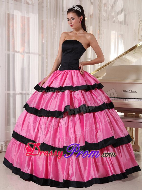 Black and Pink Layers Strapless Floor-length Taffeta Sweet Sixteen Dresses