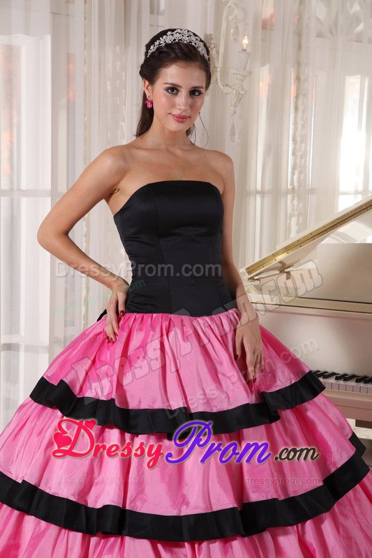 Black and Pink Layers Strapless Floor-length Taffeta Sweet Sixteen Dresses
