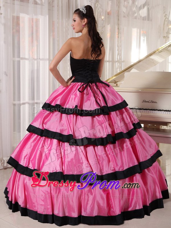 Black and Pink Layers Strapless Floor-length Taffeta Sweet Sixteen Dresses