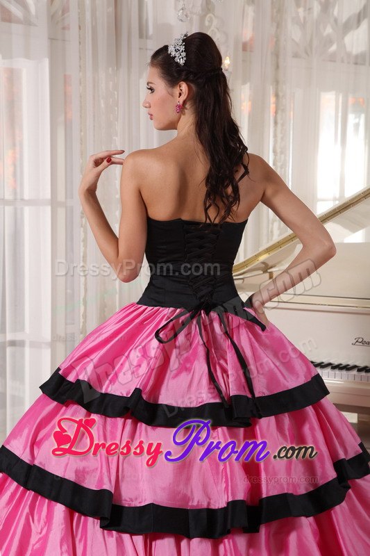 Black and Pink Layers Strapless Floor-length Taffeta Sweet Sixteen Dresses