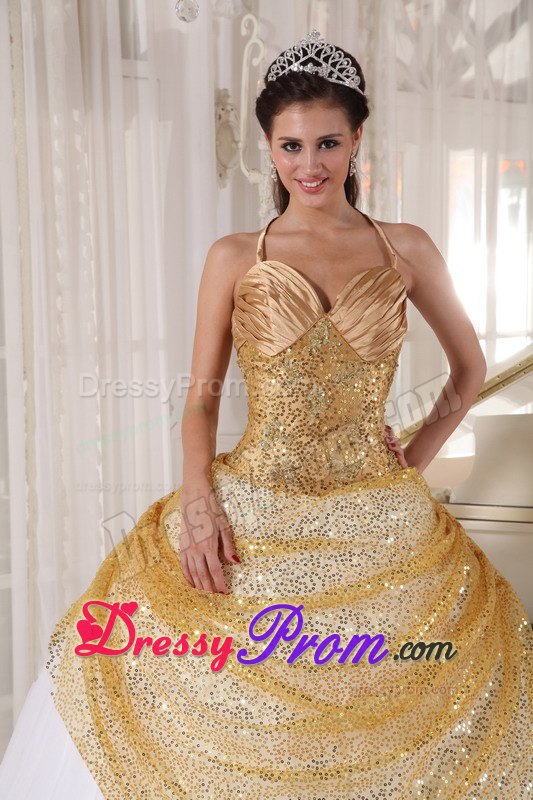 Halter Top Appliques Ruched Tulle and Sequin Back Out Quinceanera Dress