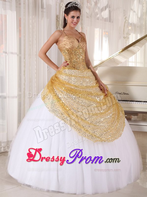 Halter Top Appliques Ruched Tulle and Sequin Back Out Quinceanera Dress