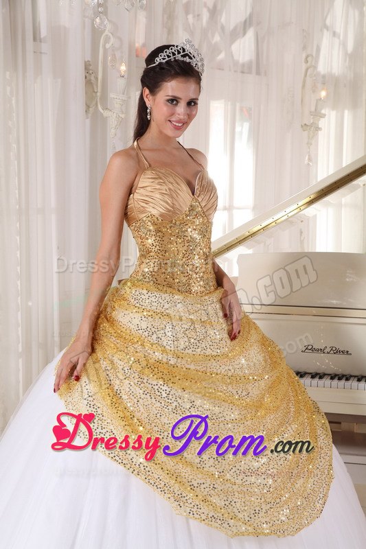 Halter Top Appliques Ruched Tulle and Sequin Back Out Quinceanera Dress