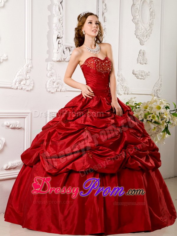 Pick Ups Beading Sweetheart Taffeta Red Quinceanera Dress in Lace Up Back
