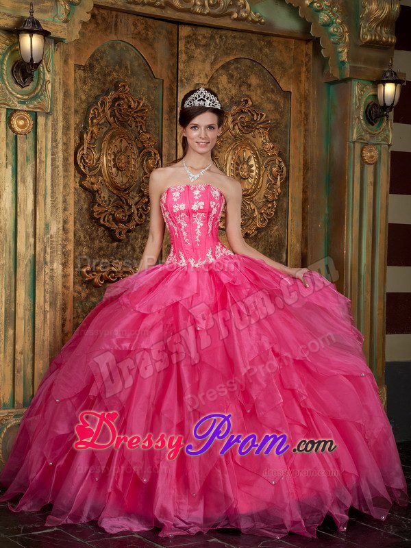 Layers Strapless Appliques Floor-length Hot Pink Organza Quinceanera Gown