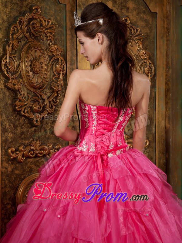 Layers Strapless Appliques Floor-length Hot Pink Organza Quinceanera Gown
