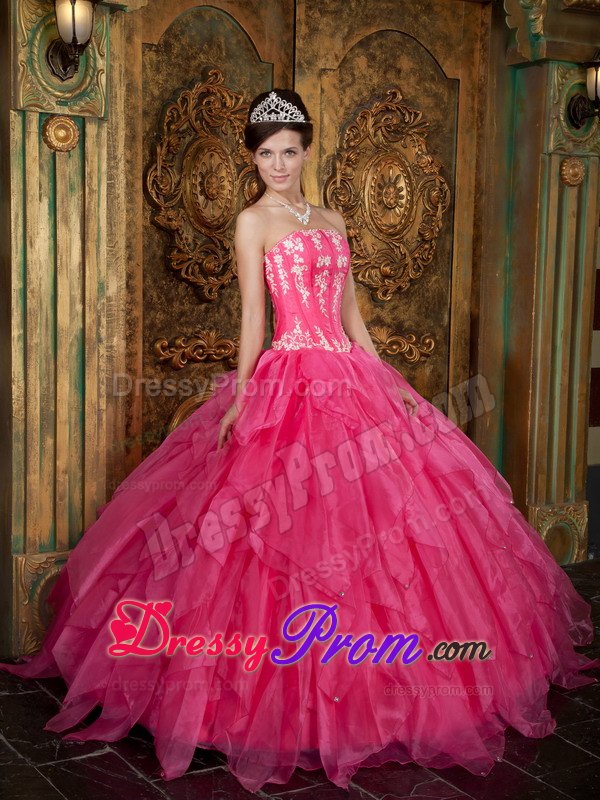 Layers Strapless Appliques Floor-length Hot Pink Organza Quinceanera Gown