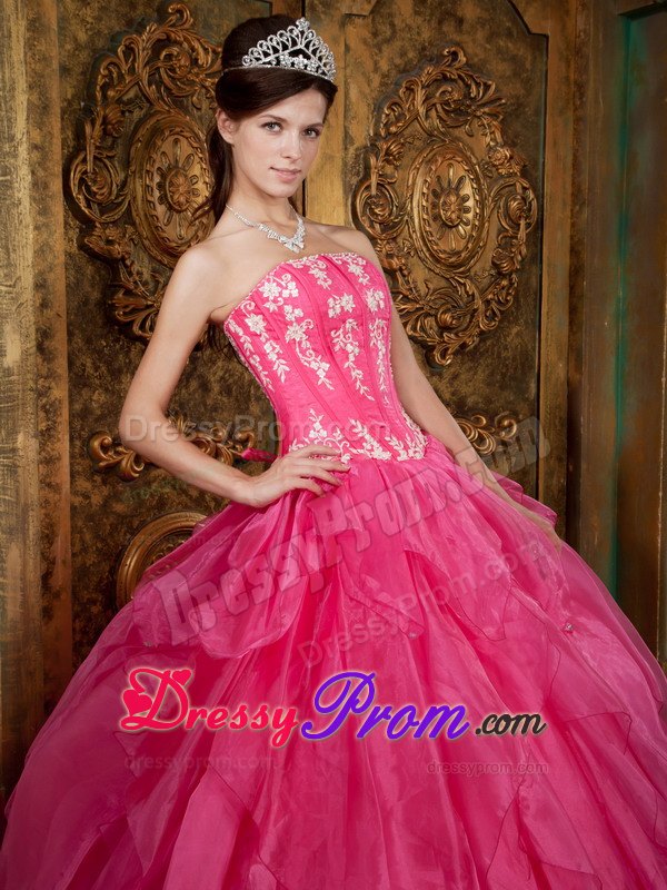 Layers Strapless Appliques Floor-length Hot Pink Organza Quinceanera Gown