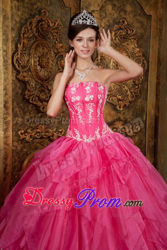 Layers Strapless Appliques Floor-length Hot Pink Organza Quinceanera Gown