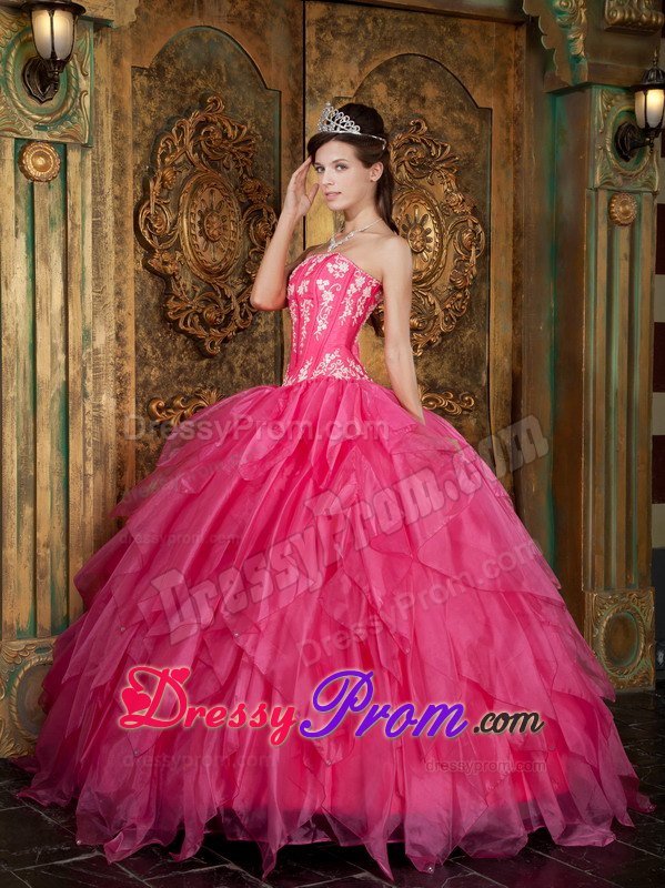 Layers Strapless Appliques Floor-length Hot Pink Organza Quinceanera Gown