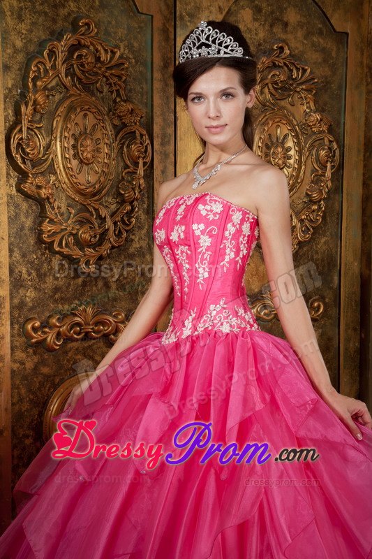 Layers Strapless Appliques Floor-length Hot Pink Organza Quinceanera Gown