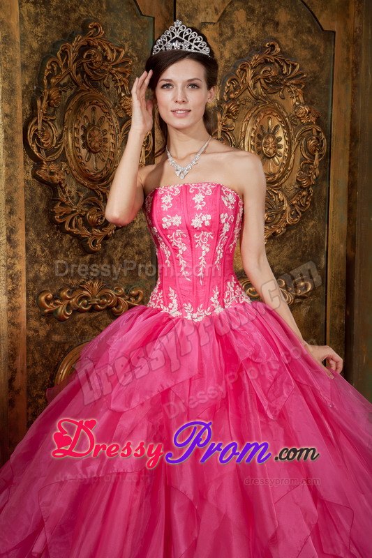Layers Strapless Appliques Floor-length Hot Pink Organza Quinceanera Gown