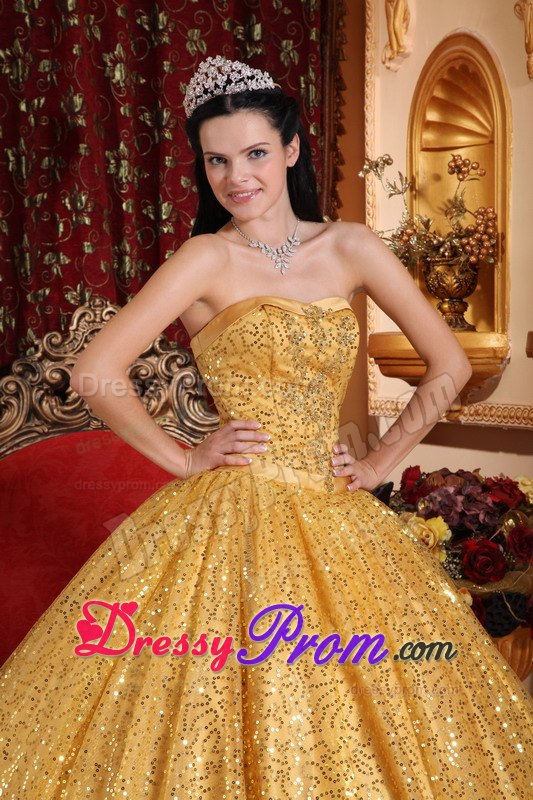 Sequin Beading Sweetheart Gold Lace Up Floor-length Quinceanera Gowns