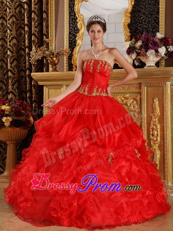 Red Appliques Strapless Ruffled Organza Lace Up Back Sweet 15 Dresses