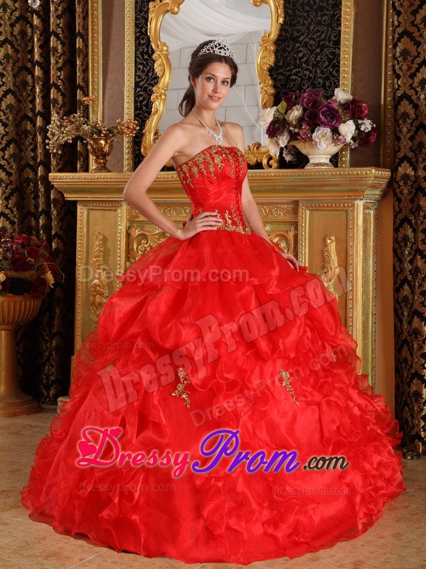 Red Appliques Strapless Ruffled Organza Lace Up Back Sweet 15 Dresses