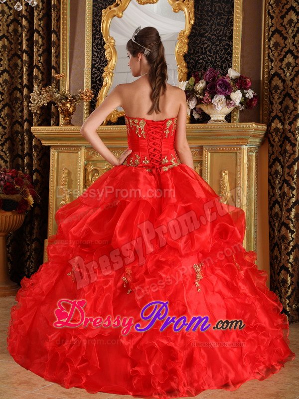 Red Appliques Strapless Ruffled Organza Lace Up Back Sweet 15 Dresses