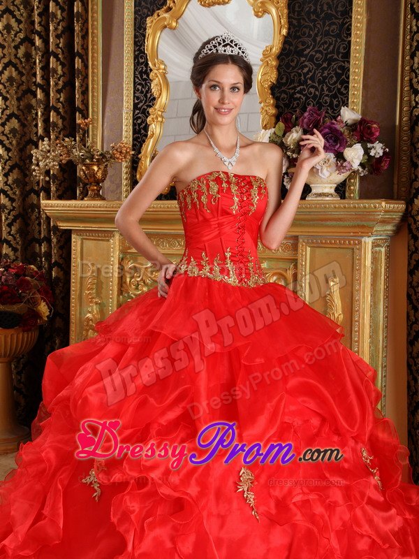 Red Appliques Strapless Ruffled Organza Lace Up Back Sweet 15 Dresses