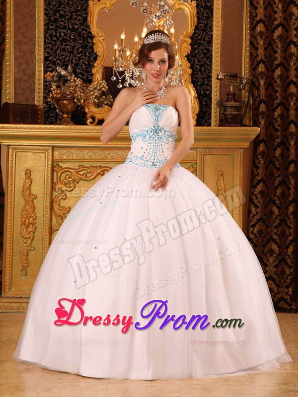 Ruched Strapless Beading Floor-length White Back Out Quinceaneras Dresses