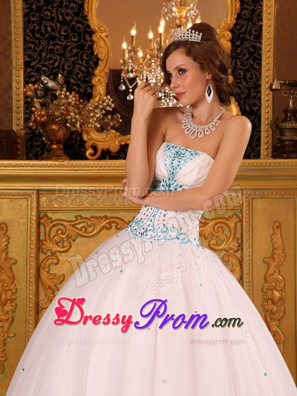 Ruched Strapless Beading Floor-length White Back Out Quinceaneras Dresses