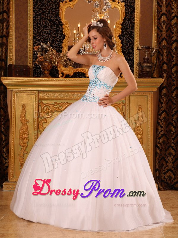 Ruched Strapless Beading Floor-length White Back Out Quinceaneras Dresses