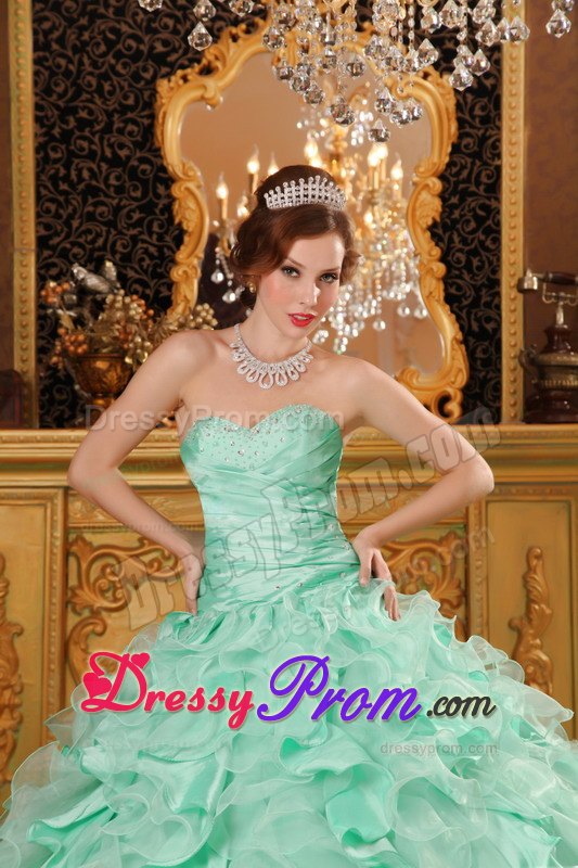 Beading Sweetheart Ruffles Organza Lace Up Apple Green Quinceanera Dress