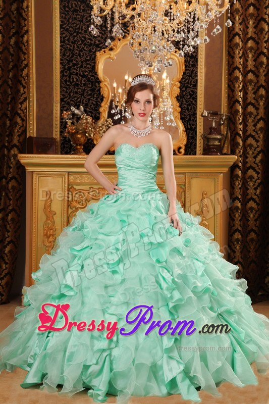 Beading Sweetheart Ruffles Organza Lace Up Apple Green Quinceanera Dress