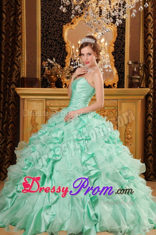 Beading Sweetheart Ruffles Organza Lace Up Apple Green Quinceanera Dress