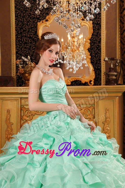 Beading Sweetheart Ruffles Organza Lace Up Apple Green Quinceanera Dress