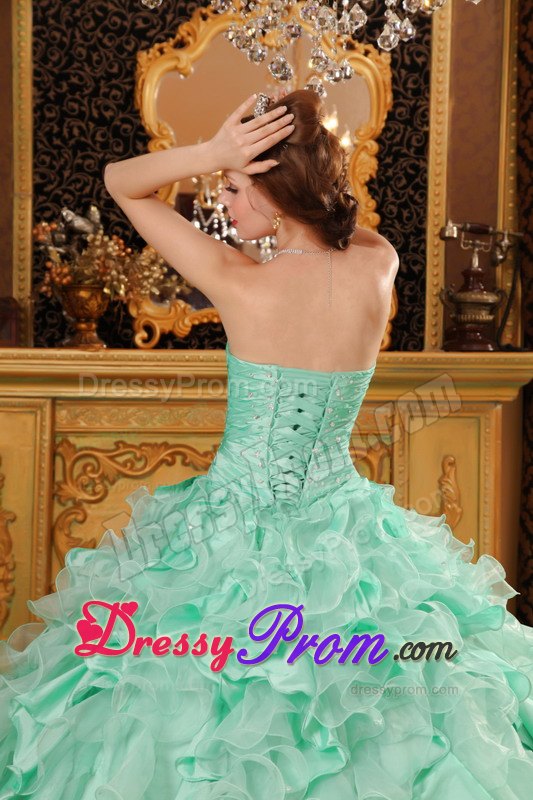 Beading Sweetheart Ruffles Organza Lace Up Apple Green Quinceanera Dress