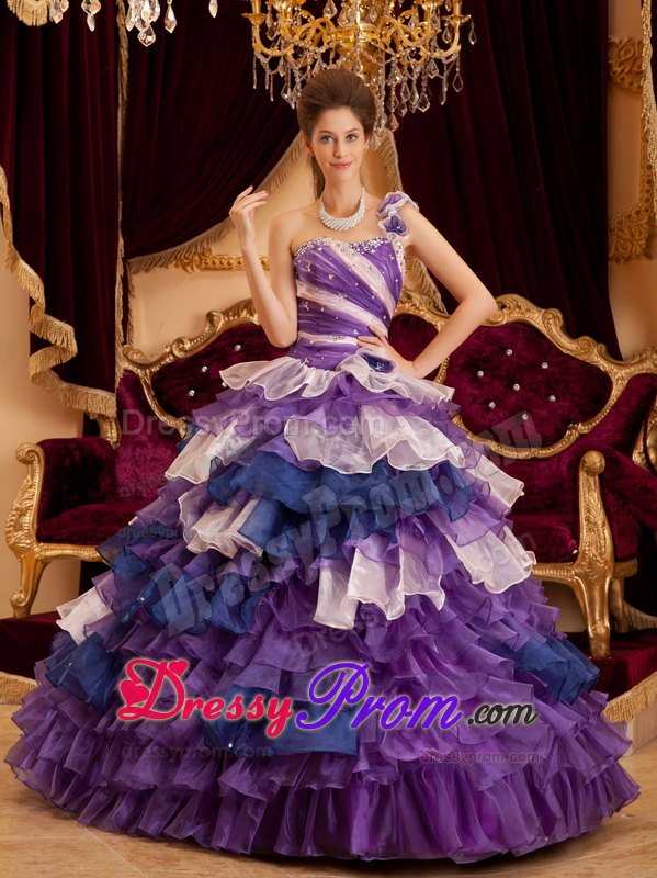 One Shoulder Colorful Beaded Handmade Flowers Ruffles Layer Sweet 16 Dress