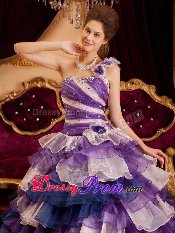 One Shoulder Colorful Beaded Handmade Flowers Ruffles Layer Sweet 16 Dress