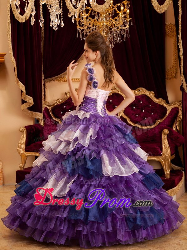 One Shoulder Colorful Beaded Handmade Flowers Ruffles Layer Sweet 16 Dress
