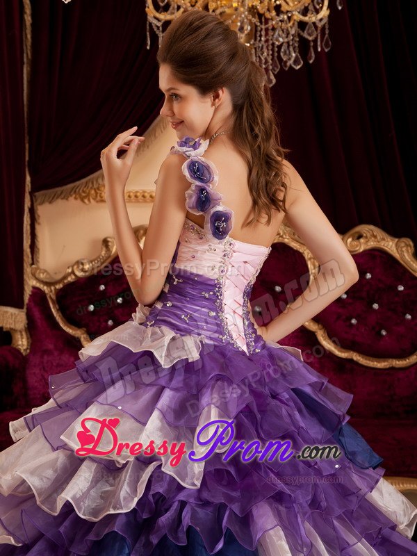 One Shoulder Colorful Beaded Handmade Flowers Ruffles Layer Sweet 16 Dress