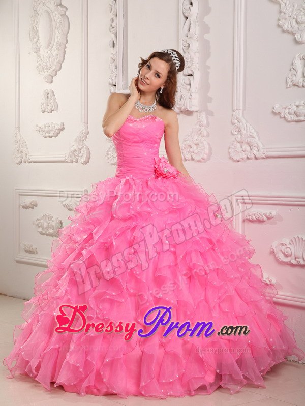 Rose Pink Sweetheart Beading Handmade Flowers Organza Quinceanera Dress