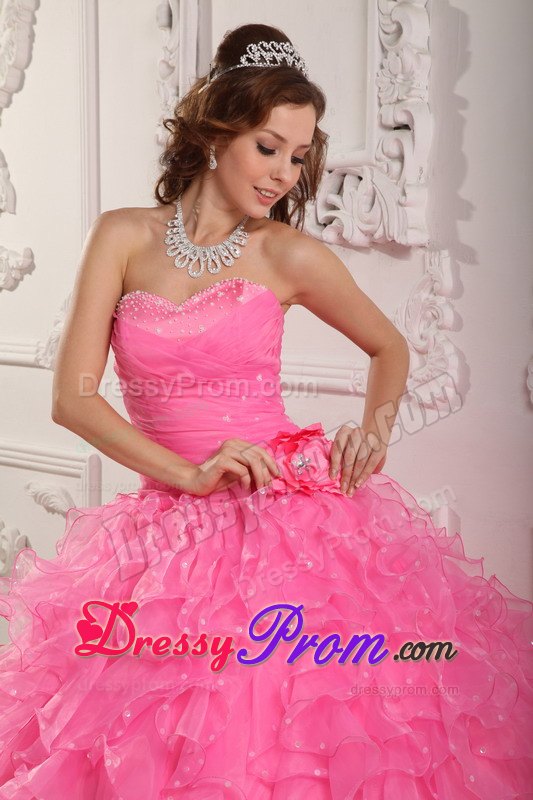 Rose Pink Sweetheart Beading Handmade Flowers Organza Quinceanera Dress