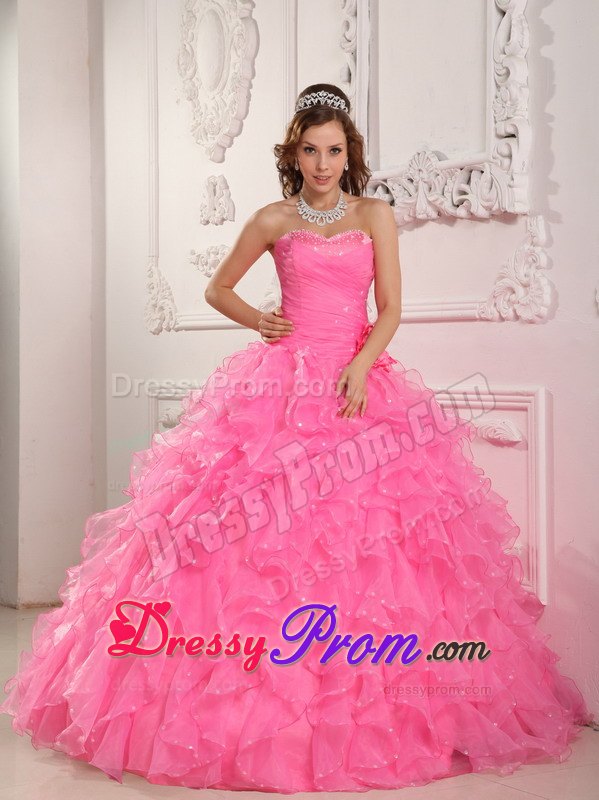 Rose Pink Sweetheart Beading Handmade Flowers Organza Quinceanera Dress