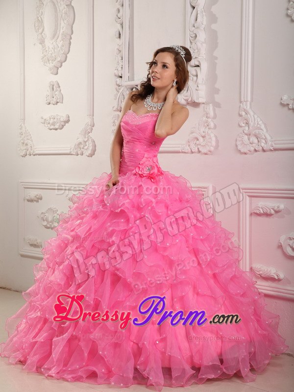 Rose Pink Sweetheart Beading Handmade Flowers Organza Quinceanera Dress