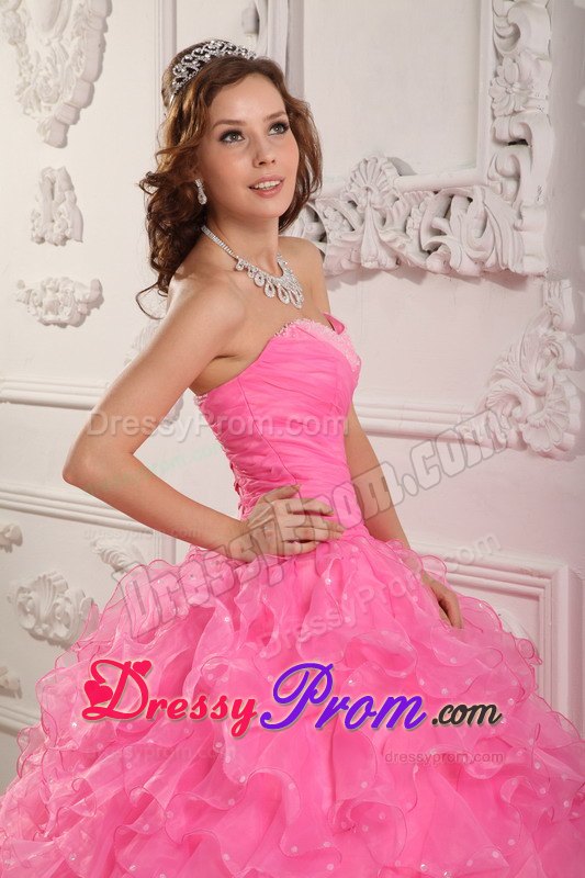 Rose Pink Sweetheart Beading Handmade Flowers Organza Quinceanera Dress