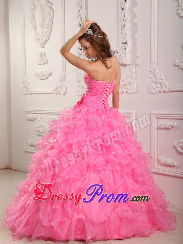 Rose Pink Sweetheart Beading Handmade Flowers Organza Quinceanera Dress