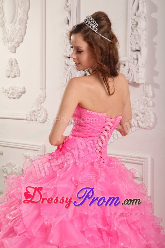 Rose Pink Sweetheart Beading Handmade Flowers Organza Quinceanera Dress