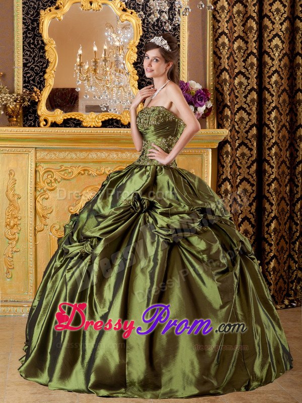Appliques Strapless Pick Ups Floor-length Olive Green Taffeta Sweet 15 Gowns