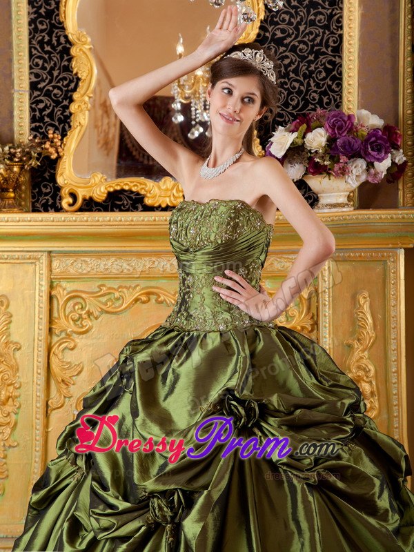 Appliques Strapless Pick Ups Floor-length Olive Green Taffeta Sweet 15 Gowns