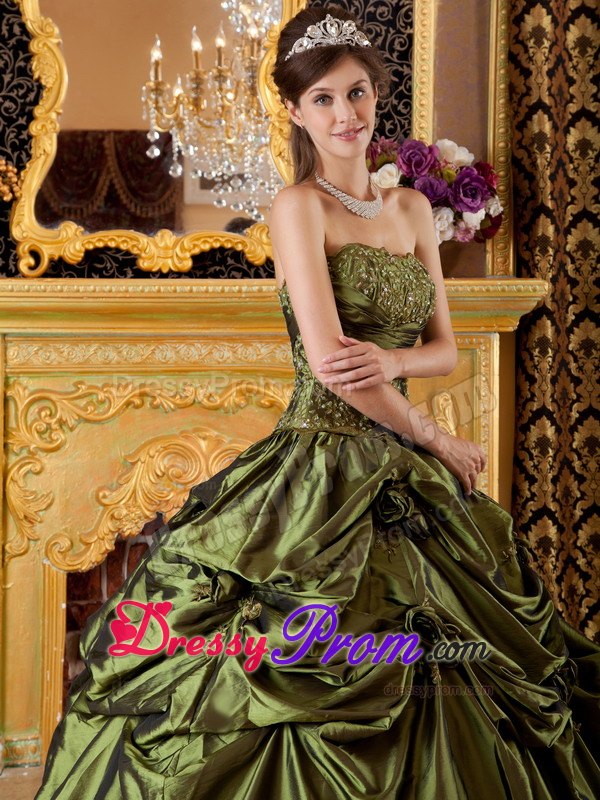 Appliques Strapless Pick Ups Floor-length Olive Green Taffeta Sweet 15 Gowns