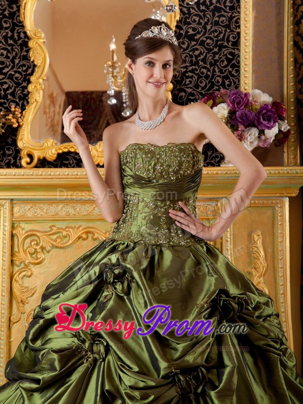 Appliques Strapless Pick Ups Floor-length Olive Green Taffeta Sweet 15 Gowns