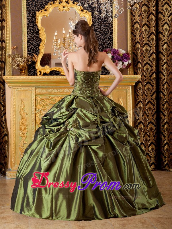 Appliques Strapless Pick Ups Floor-length Olive Green Taffeta Sweet 15 Gowns